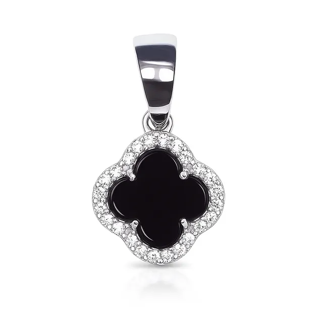 Silver suspension Clover with zirconium and onyx insert