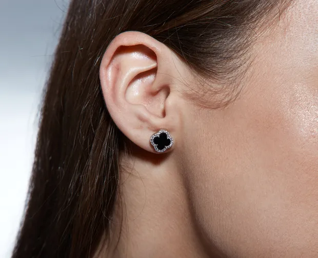 Silver earrings Clover with insert zirconium and onyx