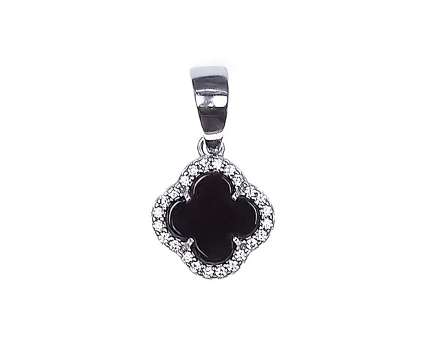 Silver suspension Clover with zirconium and onyx insert